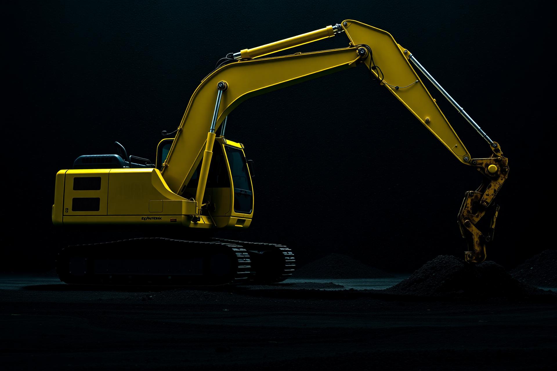 Yellow excavator on dark ground